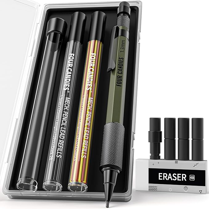 Four Candies 1.3mm Mechanical Pencil Set with 24 Lead Refills, Metal Weatherproof Heavy Duty Outdoor Carpenter Pencil, Eraser, 6 Eraser Refills for Architect Drafting Woodworking Marking with Case-DeskLoop Office