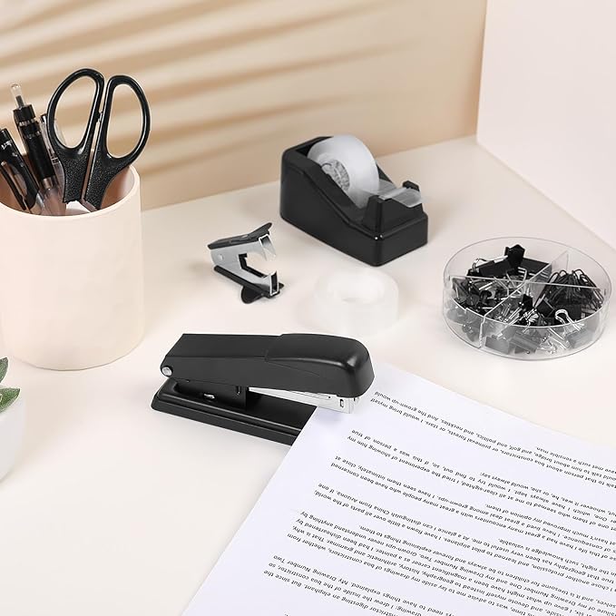 SKYDUE Black Office Supplies Set, Black Desk Accessories, Stapler, Tape Dispenser, Scissors, Binder/Paper Clips and 1000pcs Staples, Desk Supplies Set-DeskLoop Office