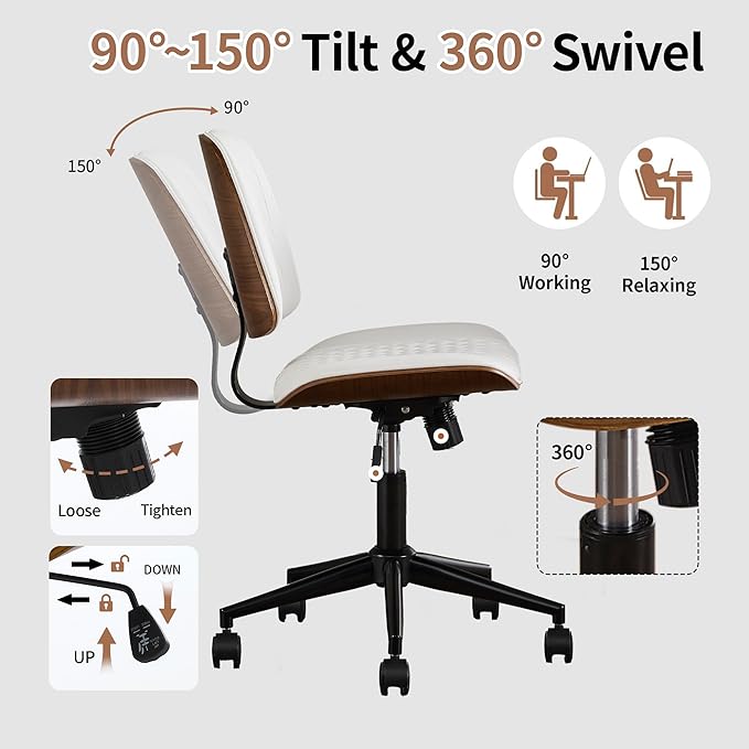 Stylish White Home Office Chair – Armless PU Leather Mid-Back Chair with Adjustable Height, Swivel Wheels, Walnut Finish for Study, Bedroom, or Dorm Room-DeskLoop Office