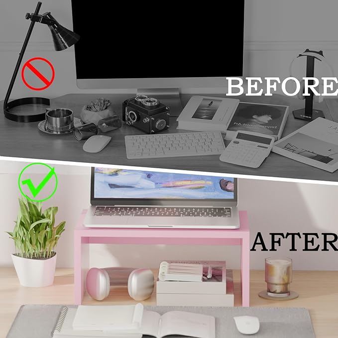 TEAMIX Pink Monitor Stand Riser-6.7 inch, Wood Higher Monitor Riser with Storage for Desk, Laptop Riser Computer PC Stand for Desktop Workspace Home Office(Pink-Higher)-DeskLoop Office