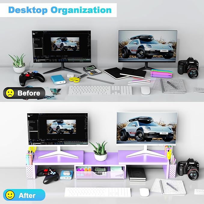 Spacrea Metal Desk Organizers and Accessories, Dual Monitor Stand Riser with Drawer and 2 Pen Holders, Desk Accessories & Workspace Desktop Organizers for Office Supplies (Purple)-DeskLoop Office