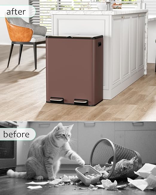 16 Gal (2 x 30 L) Dual Trash Can, Stainless Steel Kitchen Garbage Bin, Recycle Dustbin with Odor Control Box, Soft-Close Lid, Inner Buckets, Side Handle, Step Pedal, for Home Office-DeskLoop Office