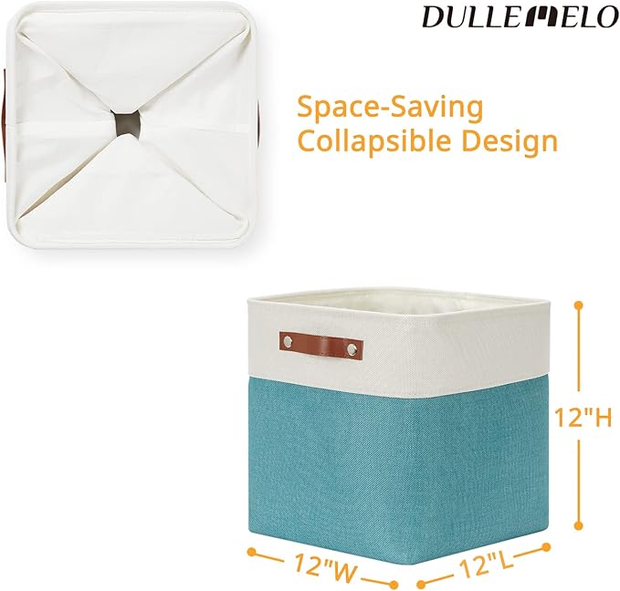 DULLEMELO Square Storage Cubes Baskets for Gifts Empty, 12 inch Cube Stroage Bins Linen Closet Organizers and Storage Baskets for Toy Nursery Shelves Bedroom Storage(4 Pack - 12" White&Teal)-DeskLoop Office