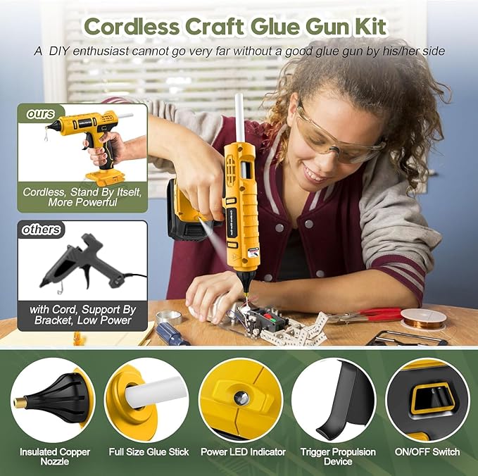 100W Cordless Hot Glue Gun for DeWalt 20V Battery(NO Battery), Full Size Hot Glue Gun Cordless & Rechargeable, Wireless Hot Glue Gun Kit with 12pcs 0.43'' Large Hot Glue Gun Stick Set for Craft & DIY
