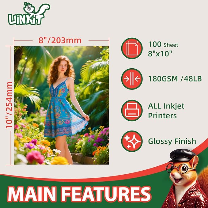 Uinkit Premium Glossy Inkjet Photo Paper - 8x10 Inch, 48lb 180gsm, 100 Sheets - Professional Photographic Quality, Dye Ink Compatible, High-Gloss Finish for Vivid Photos & Sharp Details-DeskLoop Office