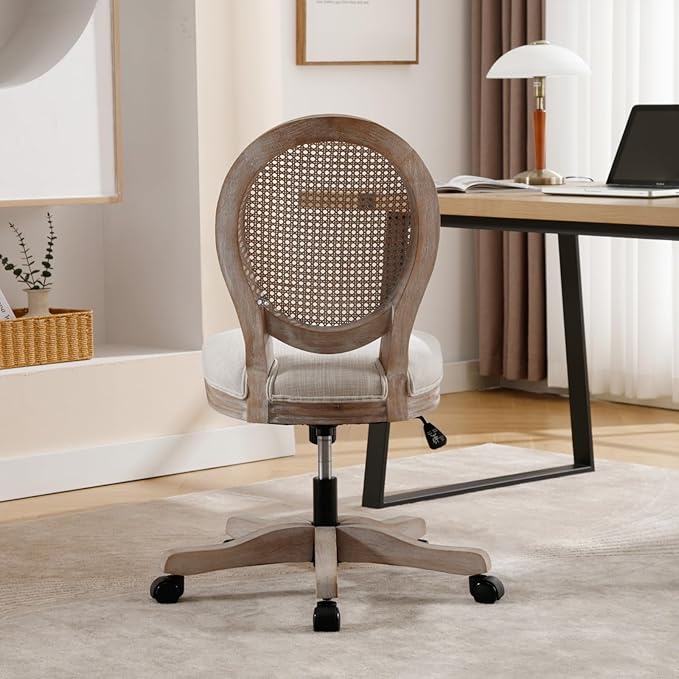 LukeAlon Rattan Back Linen Office Chair, Adjustable Height Swivel Task Chair with Wood Frame Armless Desk Chair with Wheels Upholstered Round Back Vanity Chair for Home Office Study Room, Beige-DeskLoop Office