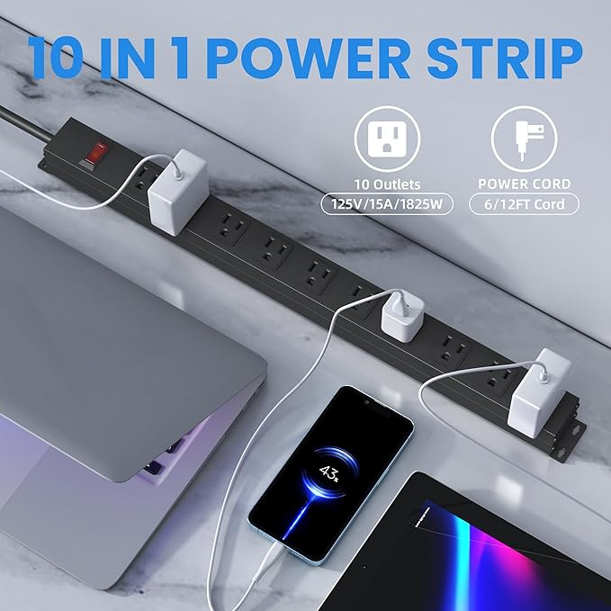 10 Outlet Power Strip 6FT Long Extension Cord Heavy Duty Power Strip Wall Mount Outlet Metal for Kitchen,Office,School,Garage,Workshop,Industrial,125V/15A/1825W,Black(6FT)-DeskLoop Office