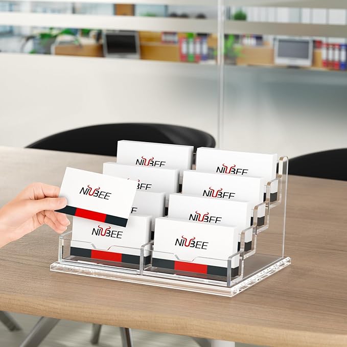 NIUBEE Clear Business Card Holder 4 Tier Acrylic Business Card Stand, 8 Slots Business Card Display for Desk Counter, 600 Card Capacity, 1 Pack-DeskLoop Office