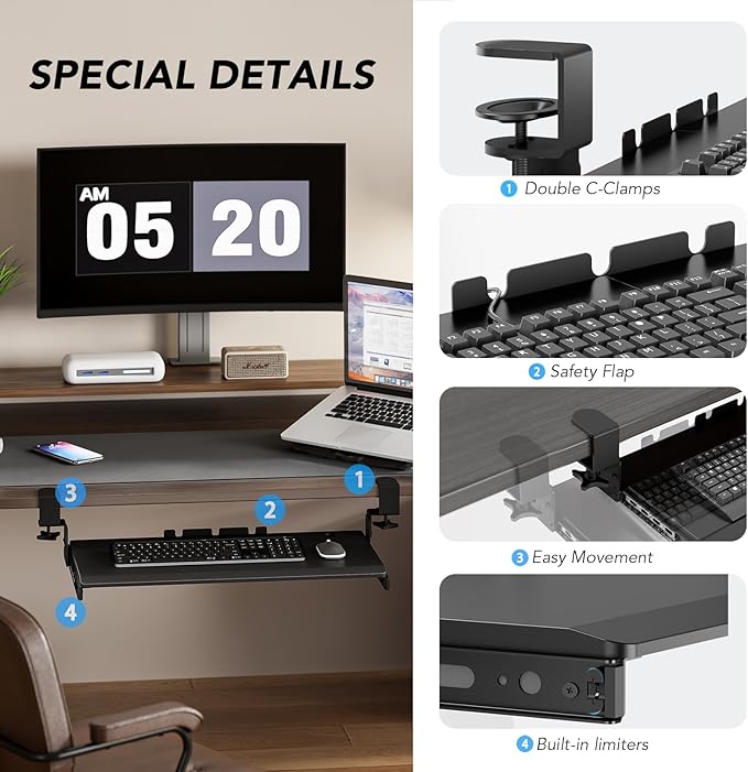 Keyboard Tray Under Desk Pull Out with Extra Sturdy C Clamp Mount System, 27.3 (32.5 inch Including Clamps) x 11 Inch Slide-Out Platform Computer Drawer for Typing Black AX01WB01-DeskLoop Office