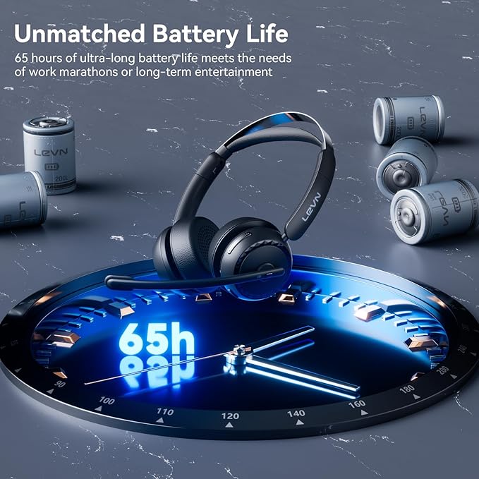 LEVN Wireless Headset, Wireless Headset with Mic for Work, AI Noise Cancelling, 65 Hrs Working Time, Bluetooth Headphones with Microphone from Home/Computer/Call Center/Teams-DeskLoop Office