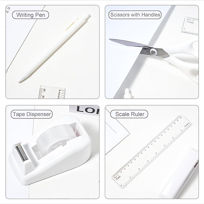 Desk Accessories with Pen Holder, Office Supplies Desk Organizers and Accessories, Tape Dispenser, Stapler, Staple Remover, Staples, Clips Set, Ruler, Scissor, Pen, Tape (White)