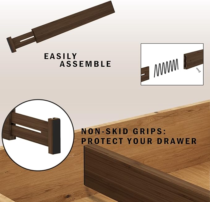 BAMEOS Drawer Divider,Expandable Bamboo Separators Adjustable Utensil Knife Fork Tool Kitchen Organizer, Clothes Fabric Drawer Organizer In Bathroom Bedroom Office, Cabinet Dresser Organizer 4-pack-DeskLoop Office
