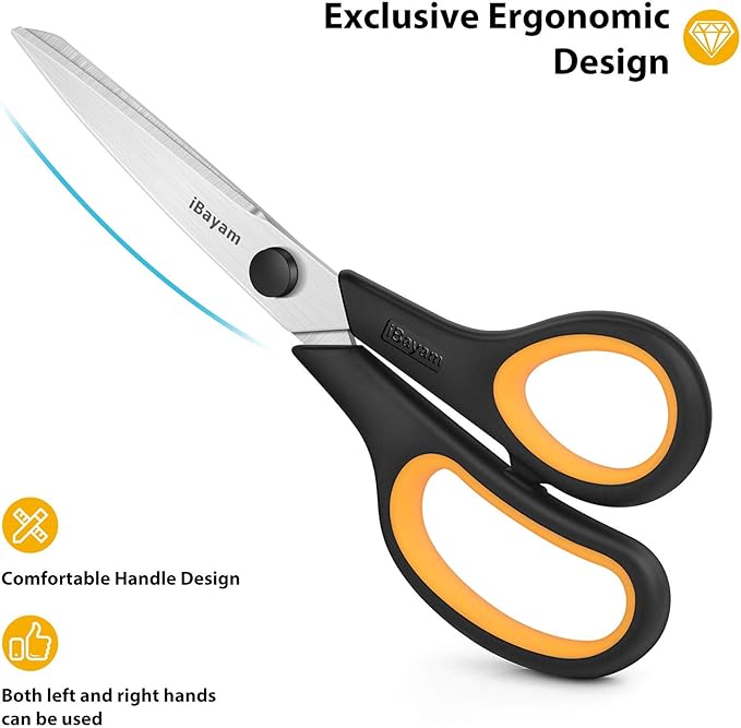Scissors All Purpose, iBayam 8" Heavy Duty Scissors Bulk 3-Pack, 2.5mm Thickness Ultra Sharp Blade Shears with Comfort-Grip Handles for Office Home School Sewing Fabric Craft Supplies, Right/Left Hand-DeskLoop Office