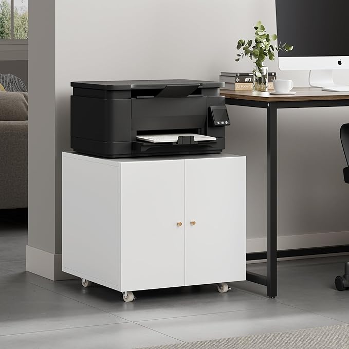 Warmiehomy Metal Printer Stand with Storage Mobile Printer Tables for Small Spaces with Door Adjustable Shelf File Cabinet on Wheels for Home Office (White)-DeskLoop Office