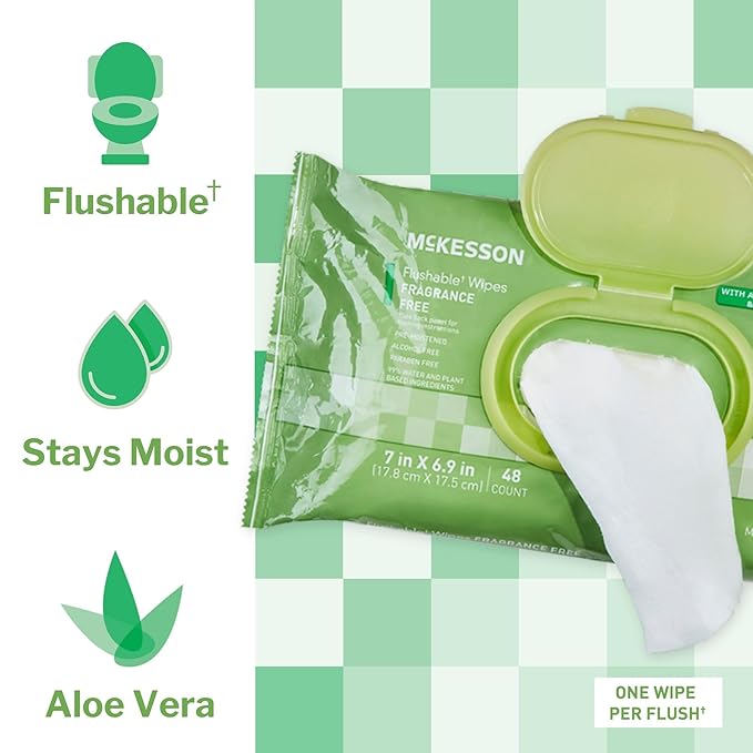 McKesson Flushable* Adult Wet Wipes – 576 Wipes (12 Pack of 48) – Aloe & Vitamin E, Plant-Based Cleansing Wipes, Unscented-DeskLoop Office