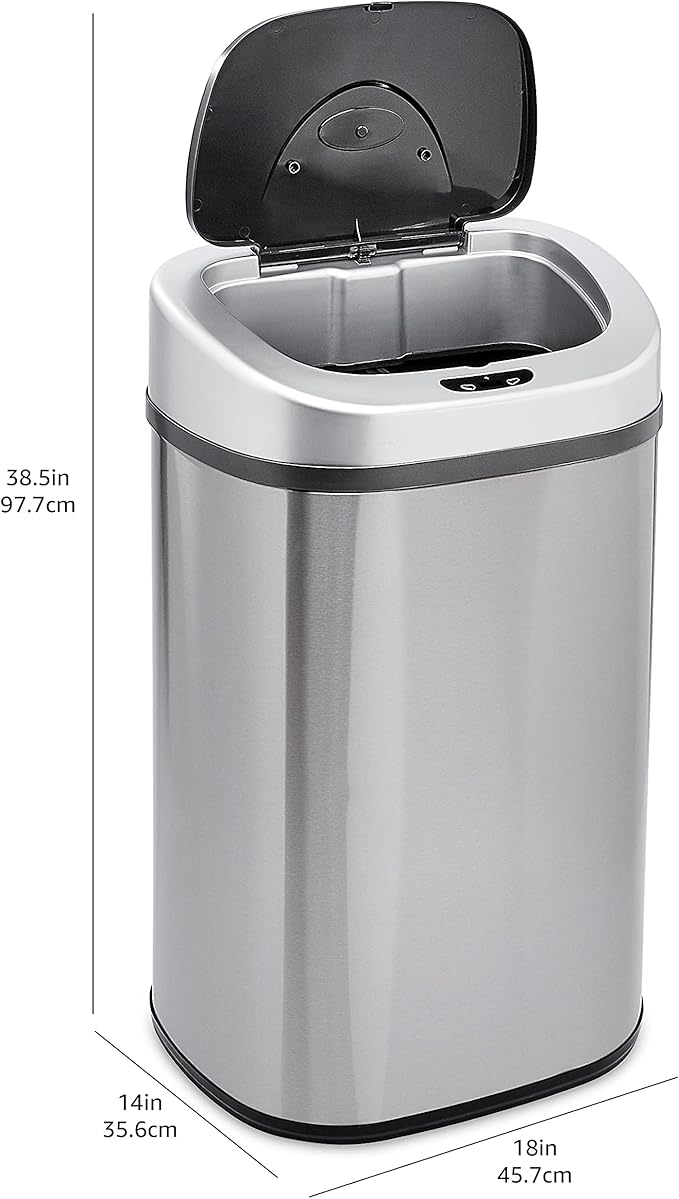 Amazon Basics Automatic Trash Can with Lid, Hands-Free, Stainless Steel, D-Shaped 80 l, 2 Bins-DeskLoop Office
