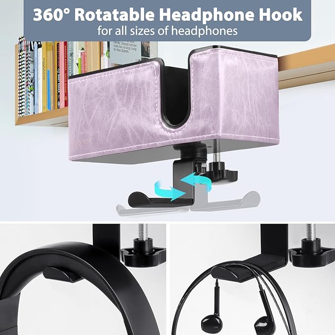 Desk Cup Holder Clip on Pen Holder Headphone Hanger Headset Stand Rotatable Clamp Hook Under Desk (Violet)-DeskLoop Office