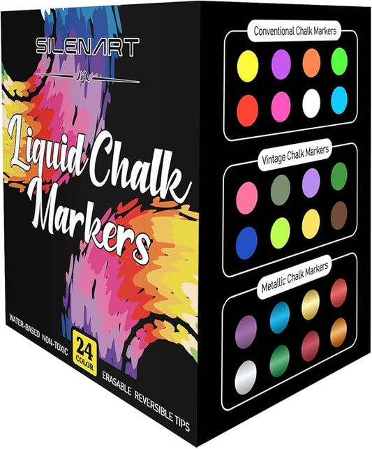 SILENART Chalk Markers for Blackboard - 24 Pack - 8 Neon & 8 Metallic & 8 Vintage Chalkboard Marker - Erasable Pen for Windows, Glass, Whiteboard and Dry Erase Board-DeskLoop Office