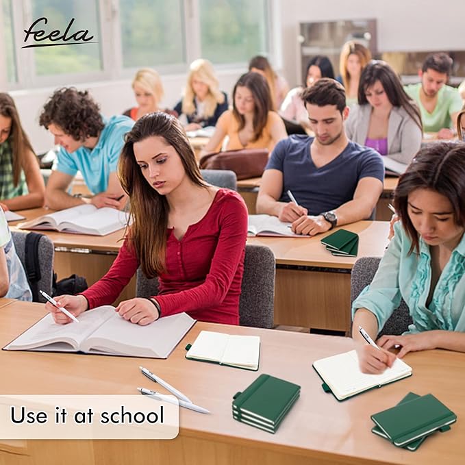 feela 15 Pack Pocket Small Notebooks Bulk, Mini Cute Notepads Hardcover College Ruled Lined Journals with Pen Holder for School Business Memos, with 15 Black Pens, 3.5”x 5.5”, A6, Dark Green-DeskLoop Office