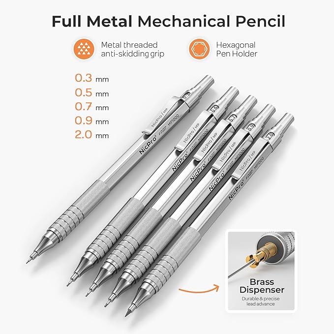 Nicpro Metal Mechanical Pencil Set, 5 PCS Art Drafting Pencils 0.3, 0.5, 0.7, 0.9 mm & 2mm Graphite Lead Holder For Sketching Drawing With 9 Tubes (4B 2B HB 2H Colors) Lead Refills Erasers Case-DeskLoop Office