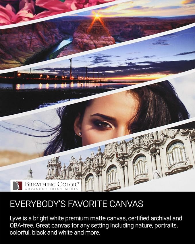 Premium Lyve Matte Canvas Paper Perfect for Use on Professional Makes and Models of Epson, Canon and HP Printers Preferred by Professionals. 19 mil Textured Canvas Offered in a 44 inch by 40 ft roll