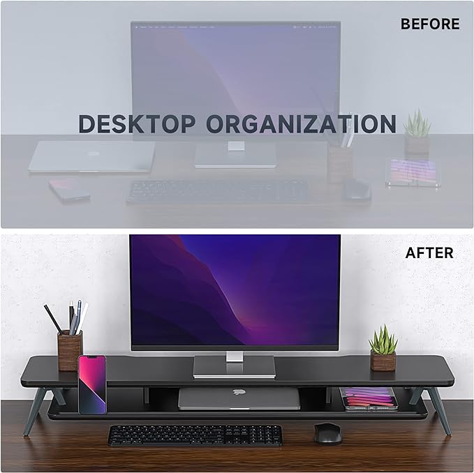 Fenge Dual Monitor Stand, Monitor Stands Riser for 2 monitors, 42.5 Inch Wood Desk Shelf with Storage Organizer and Cable Management for Office Desk Accessories-DeskLoop Office