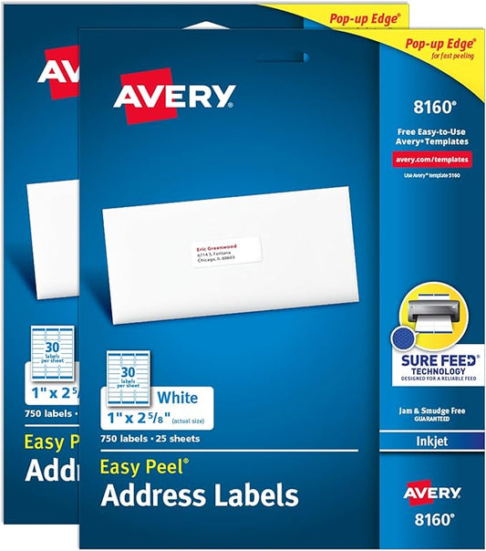 Avery Easy Peel Printable Address Labels with Sure Feed, 1" x 2-5/8" Customizable Stickers, White, 1,500 Blank Mailing Labels, Great for Mailing, Shipping, and More (2-Pack of 08160)-DeskLoop Office