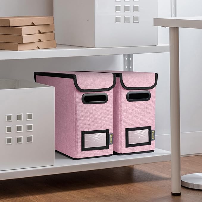 BALEINE File Organizer Box with Lid, Collapsible File Folder Organizer with Plastic Slide, Hanging File Folder Box for Office Document Storage (1 Pack, Pink, S)-DeskLoop Office