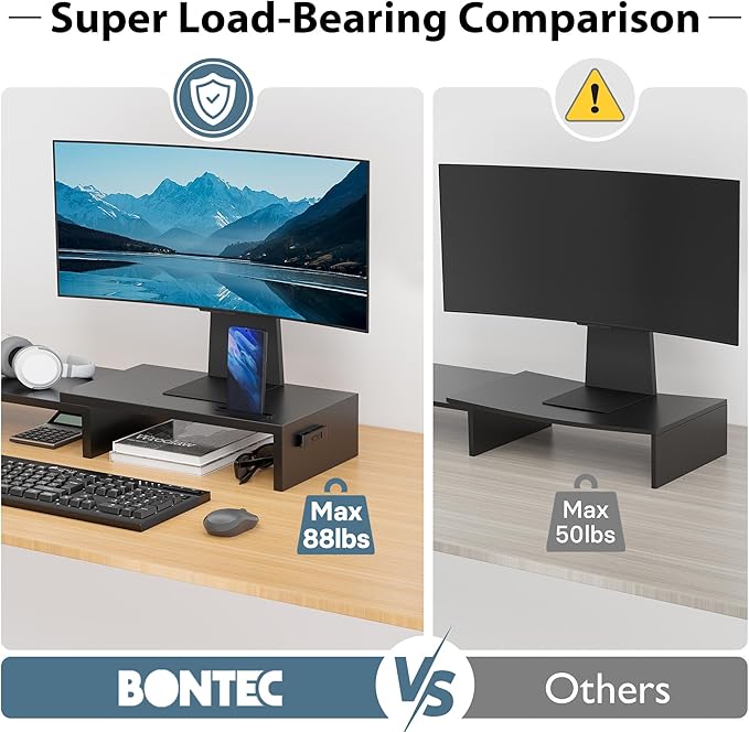 BONTEC Dual Monitor Stand Riser with Smartphone Holder, Adjustable Length & Swivel Angle, Ergonomic Wooden Desktop Organizer for PC Monitor, Laptop, Printer, Large Storage, Black-DeskLoop Office