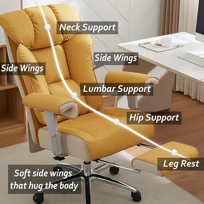 Efomao Big and Tall Green Office Chair 450LBS – Ergonomic High-Back Executive Chair with Footrest, Adjustable Padded Armrests, PU Leather Computer Chair with Lumbar Support for Home or Office, Yellow-DeskLoop Office