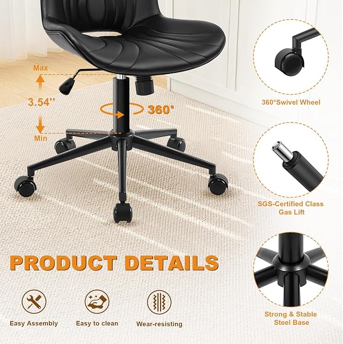 Office Chair, Armless Desk Chair with Wheels, Ergonomic Comfy Home Office Computer Task Chairs, Faux Leather Padded Cute Vanity Chair, Adjustable Height Swivel Chair with Back,Black-DeskLoop Office