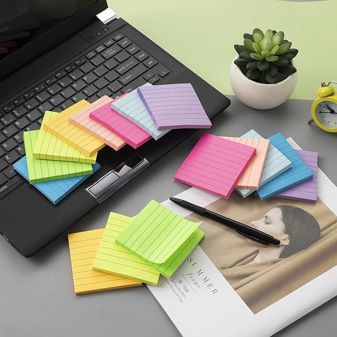 (16 Pack) Lined Sticky Notes 3x3 in Ruled Stickies Super Sticking Power Memo Pads Bright Colors-DeskLoop Office
