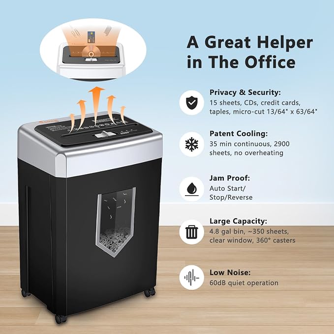 Bonsaii 15-Sheet Cross-Cut Paper Shredder, Heavy-Duty Office Use, 35-Min - Image 6