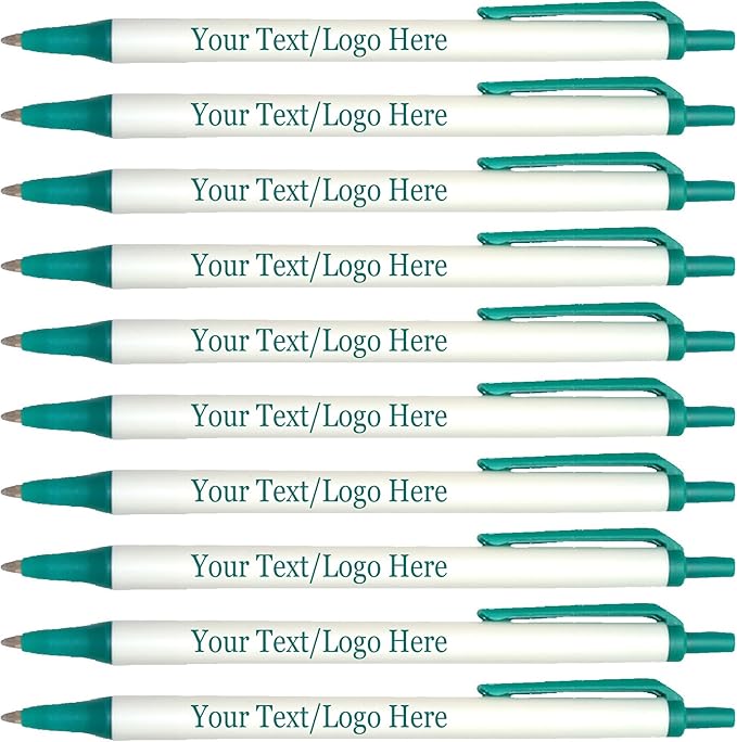 Personalized Click Stick Pens With your Custom Logo or Text-300 Pack Bulk-for Businesses, Parties, and Events, Custom Printed Retractable Slim Ballpoint Pens, Teal, Black Ink-DeskLoop Office