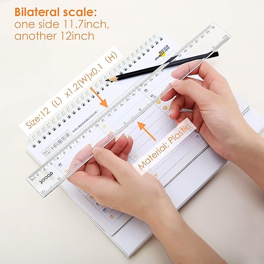 EBOOT 2 Pack Plastic Ruler Straight Ruler Plastic Measuring Tool for Student School Office (Clear, 12 Inch)-DeskLoop Office