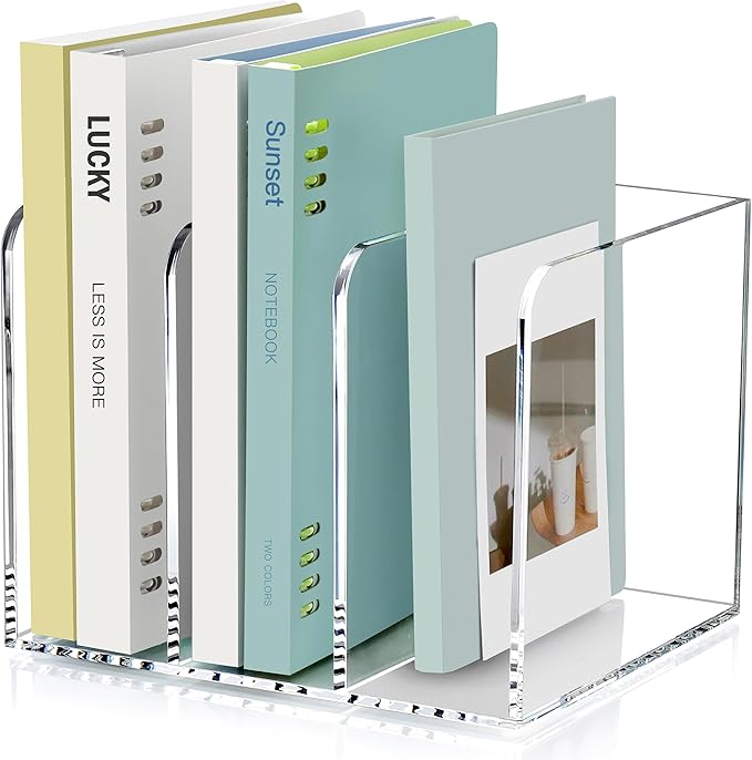Acrylic Magazine Holder Desk Organizer Workspace Sorters,Clear Bookend File Sorter Holder,Folder Rack, Office Accessories Organization Storage with 3 Vertical Compartments