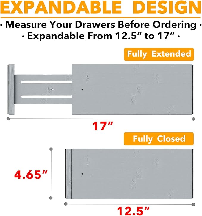 SpaceAid Bamboo Dresser Drawer Dividers 6 Pack, 4.65“ High Adjustable 12.5“-17” Drawer Organizers, Expandable Organization for Clothing, Clothes, Dressers, Gray-DeskLoop Office