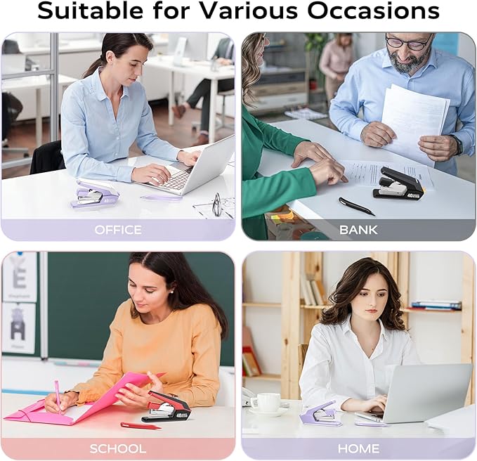 Effortless Stapler for Desk with 40-50 Sheet Capacity, 2000 Staples, 1-Touch Stapling, Ergonomic & Easy to Load Desktop Staplers, Heavy Duty Stapler, and Magnetic Staple Remover, Purple-DeskLoop Office