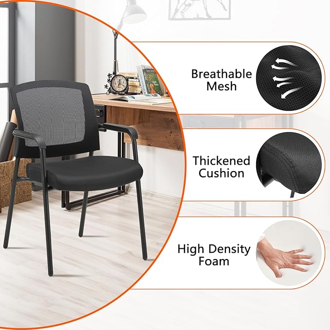 CLATINA Office Reception Guest Chair Mesh Back Stacking with Ergonomic Lumbar Support and Thickened Seat Cushion for Waiting Conference Room Black 4 Pack-DeskLoop Office