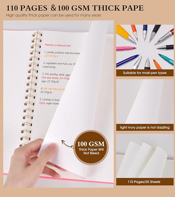 Dotted Notebook, Spiral Notebook Journal 8.5” x 11”, A4 Large Dot Grid Notebooks for Women Men, 100 GSM Dotted Paper, Plastic Hardcover Spiral Bullet Journals for Work School Sketching, Pink-DeskLoop Office