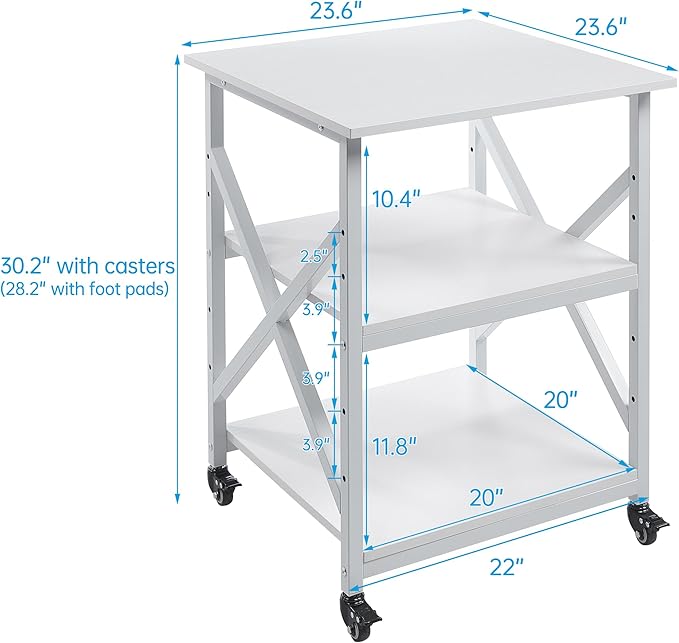 Large Printer Stand with Height Adjustable Storage Shelf, 23.6 x 23.6 Inches Square Printer Table with Industrial Wheels, Multi-use 3 Tier Rolling Printer Cart for Home Office - White-DeskLoop Office