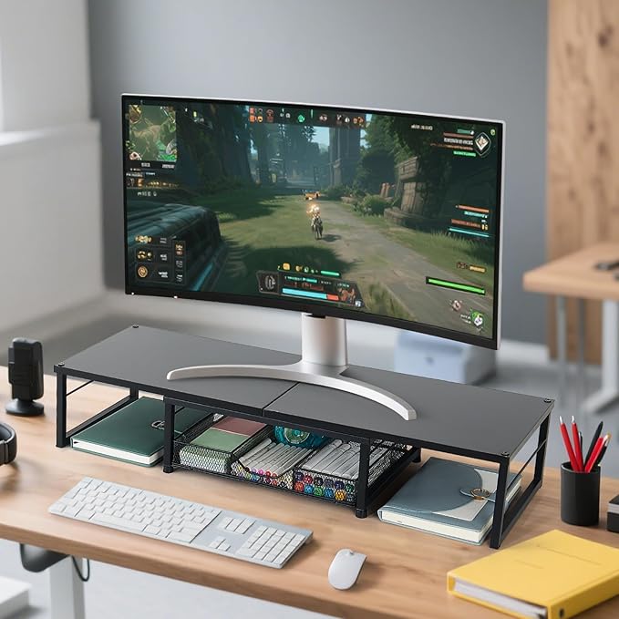 Dual Monitor Stand Riser, Desk Organizer with Drawer, Office Desk Organizers and Accessories, Office Workspace Organization, Computer Monitor Stand for Laptop, Printer (Black)-DeskLoop Office