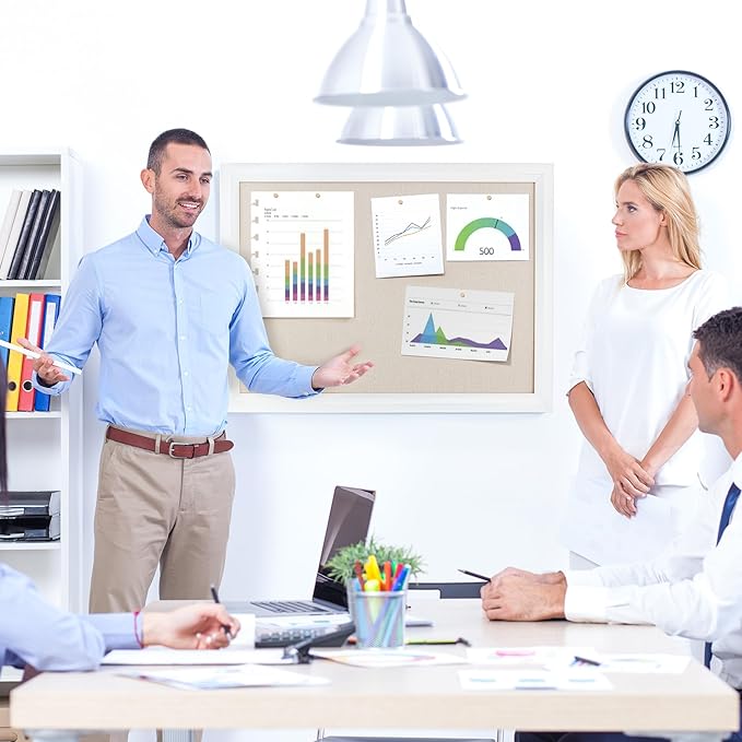 Bulletin Board Cork Board with Linen, 100% Wood Framed 18" x 24" Bulletin Board Decorations, Pin Boards for Walls, Wall Mounted Fabric Picture Board with 10 Pushpins for School, Home & Office, White-DeskLoop Office