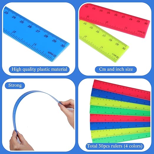 Zonon 30 Pcs 12 Inch Plastic Ruler Assorted Colors Ruler Bulk with Centimeters Millimeter and Inches Rulers First Day of School Gift for Kids School Classroom Office Supplies(Elegant Color,Plastic)-DeskLoop Office
