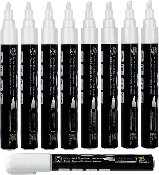 White Liquid Chalk Markers Set (8 Pack), 6mm Reversible Thick & Chisel Tip, Wet Erase Paint Pens for Non Porous Blackboard Chalkboard, Car Glass Windows, School Business Supplies-DeskLoop Office