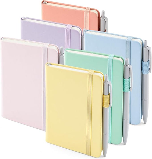 feela 6 Pack Pocket Small Notebooks Bulk, Mini Cute Memo Notepads Hardcover College Ruled Lined Journals with Pen Holder for Women Girls Office School, with 6 Black Pens, 3.5”x 5.5”, A6, Pastel Colors-DeskLoop Office