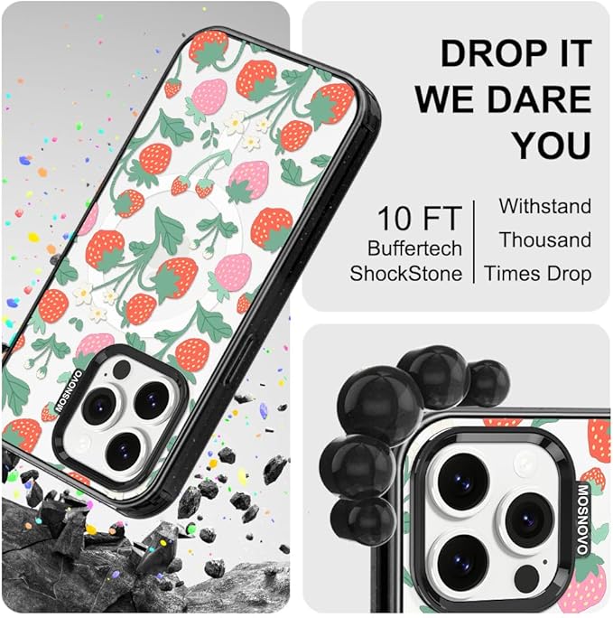 MOSNOVO Magnetic Case for iPhone 14 Pro Max, 10ft Military-Grade Protection, Compatible with Magsafe, Shockproof Phone Case for iPhone 14 Pro Max - Strawberry Garden - Clear Black-DeskLoop Office