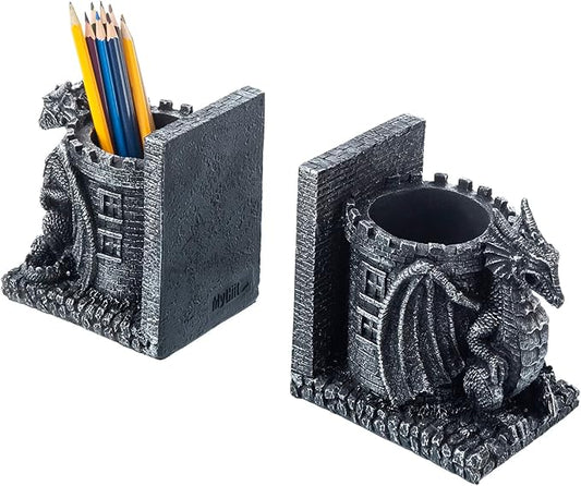 MyGift Gothic Black Resin Dragon Guarding Castle Pencil Cup Bookends, Office Desk Book Ends with Decorative Fantasy Dragons and Stone Tower Pen Holders, 1 Pair-DeskLoop Office