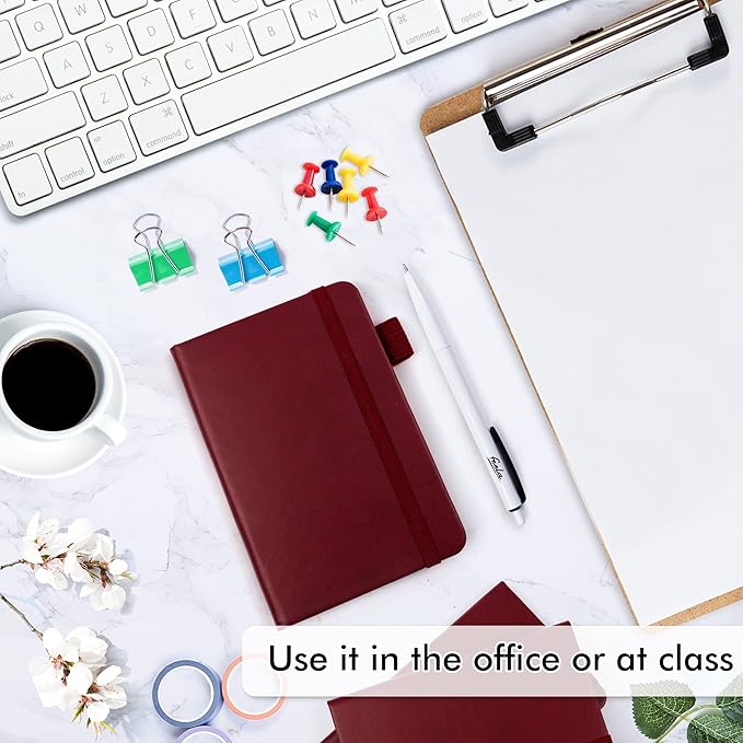 feela 6 Pack Pocket Mini Notebooks Bulk, Small Cute Memo Notepads Hardcover College Ruled Lined Journals with Pen Holder for School Business Work, with 6 Black Pens, 3.5”x 5.5”, A6, Wine-DeskLoop Office