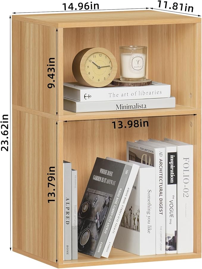 LEYAOYAO 2 Cube Bookshelf,Natural Record Player Stand Holds up to 100 Albums, Mini Wood Book Shelf Storage Organizer,Turntable Stand with Vinyl Storage Cabinet, Narrow Open Bookcase for Small Spaces-DeskLoop Office